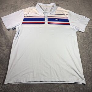 Puma Golf Mens XL Blue Striped DryCell Polo Shirt River Oaks Embroidered Logo‎